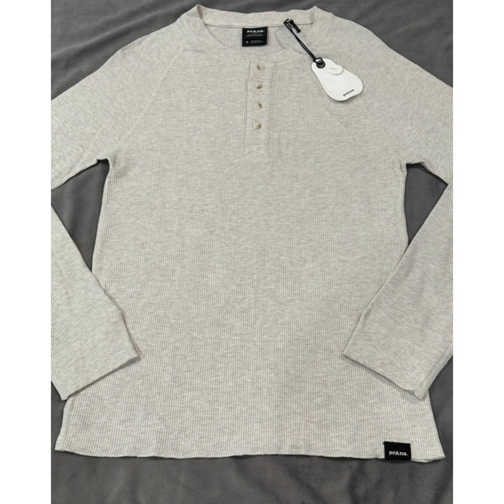 New prAna Touchstone Henley Shirt Oatmeal Heather Waffle Knit Thermal Size Small
